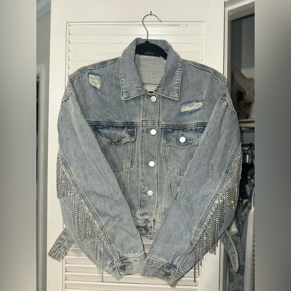 Boutique Denim Jacket with Jeweled Fringe